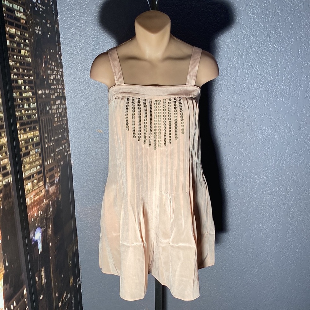 TIBI - silk pocketed, pleated romper: rose gold, square neck, button closure - 4 - Picture 2 of 16